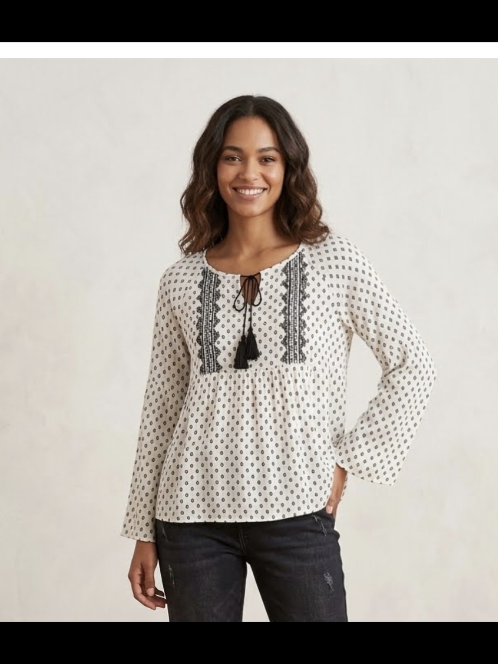 Cream Peasant Blouse with Black Embroidery‎ and Tassel Tie